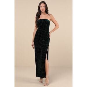 Lulus Dreamy Choice Dark Green Rhinestone Strapless Maxi Dress - Size XS